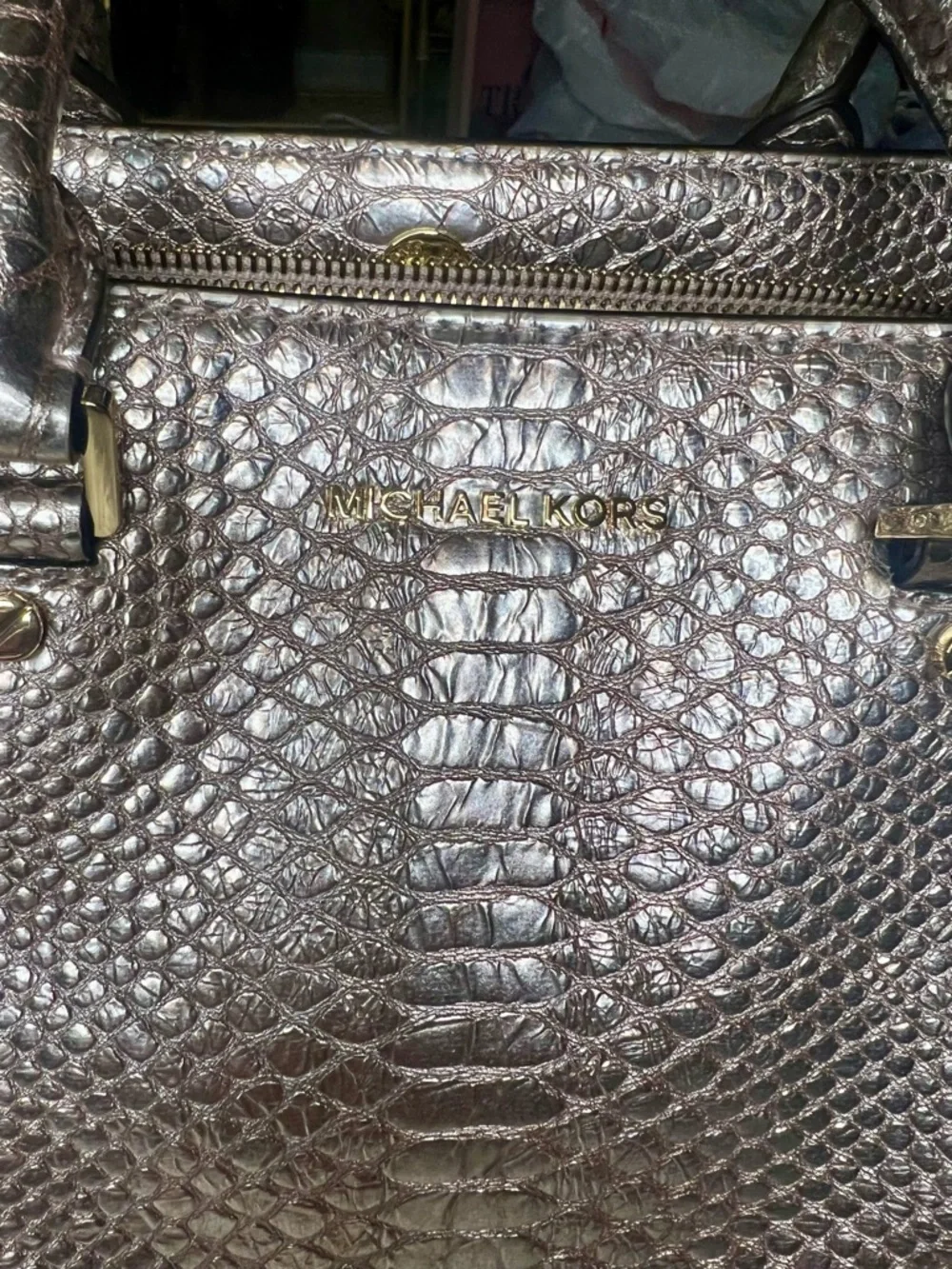 Michael Kors Metallic Golden BronzeSnake-Embossed Top-Handle Satchel - Picture 8 of 16